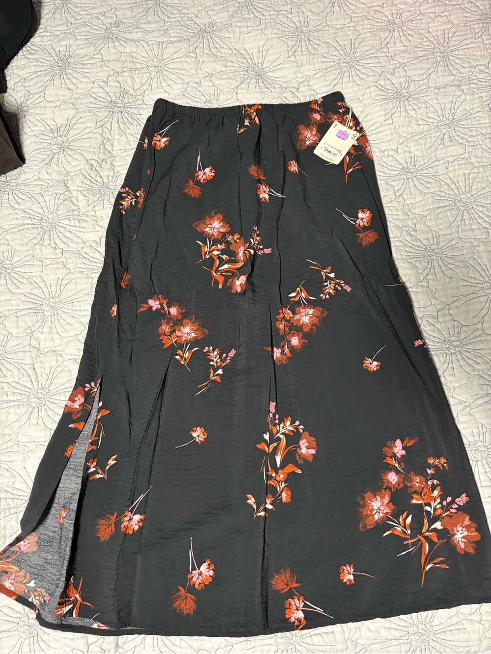 Black Floral Maxi Skirt with Orange Pink Blooms
